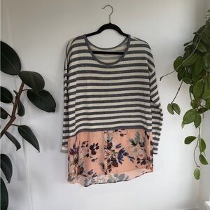 Anthropologie Striped Floral Sweatshirt - Gray and Pink